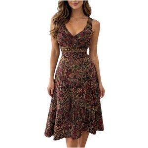 Madison Leigh Boho Sundress Empire Waist Sz. 10 Built In Bra Brown Floral Beaded